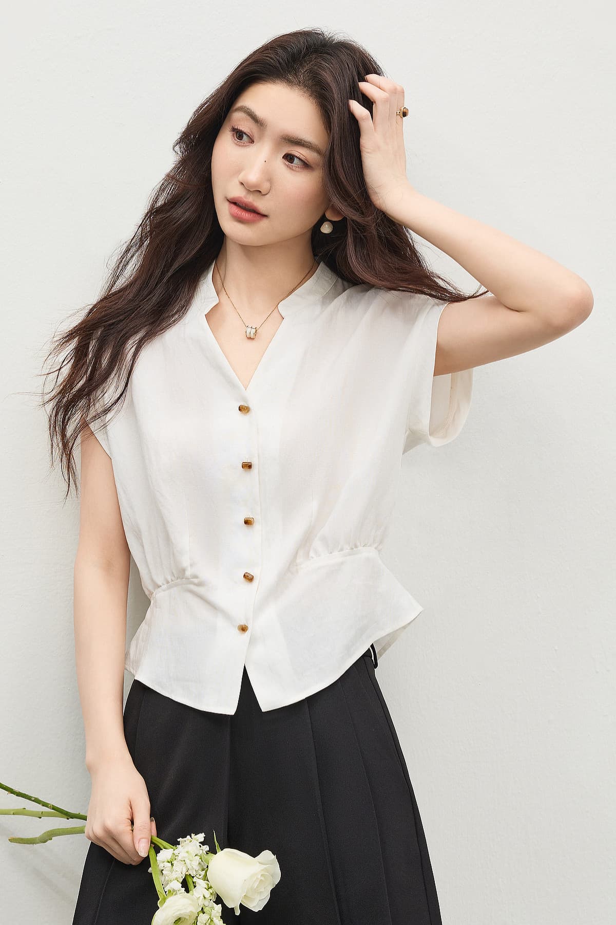 여름 드레스 새로운 여성 셔츠 등 허리 밴딩 디자인 몸매 가꾸기 Feifei 소매 셔츠 상세 이미지 5