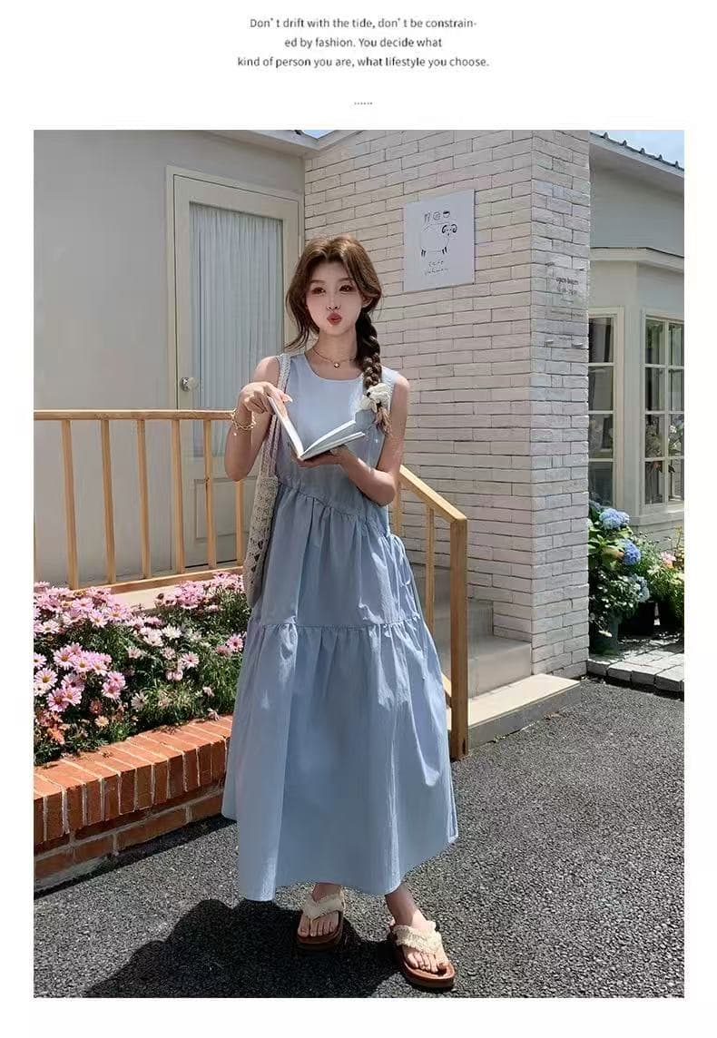 여름 드레스 새로운 프랑스식 파란색 민소매 조끼 원피스 여성 의류 착용 가져 가라. 품격 해변가 휴가 바람 상세 이미지 10
