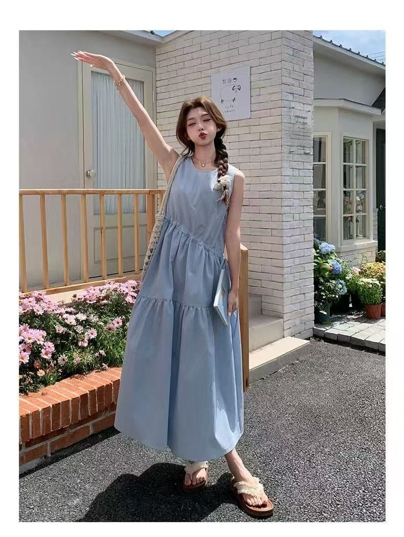 여름 드레스 새로운 프랑스식 파란색 민소매 조끼 원피스 여성 의류 착용 가져 가라. 품격 해변가 휴가 바람 상세 이미지 11