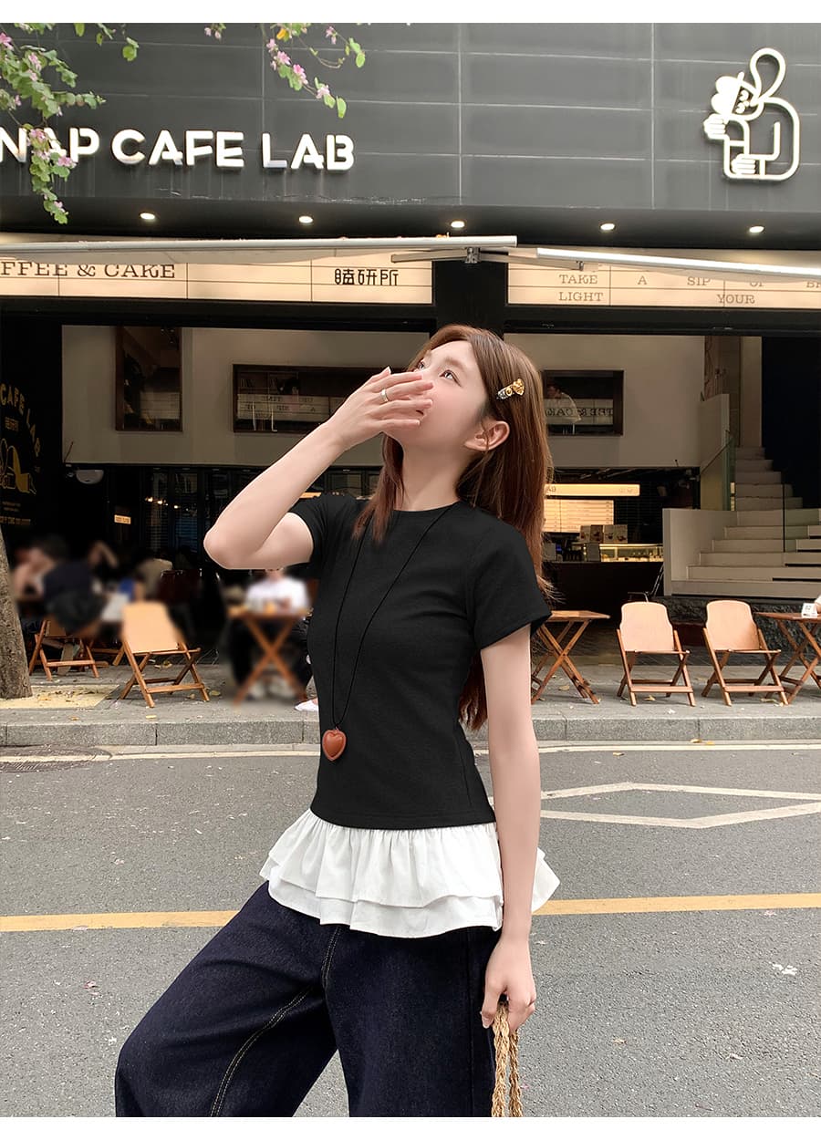 여름 드레스 새로운 빅 사이즈 순면 작은 대중 퍼프 레이스 패치워크 반팔 티셔츠 몸매 가꾸기 맨위 m-4xl200 근 상세 이미지 10
