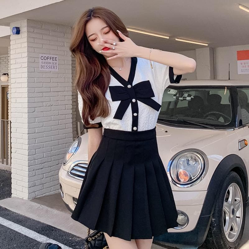 여름 드레스 작은 샤넬 스타일 배색 패치워크 나비 매듭 단추 V넥 디자인 센스 작은 대중 빅 사이즈 셔츠 m-4xl200 근 이미지 4