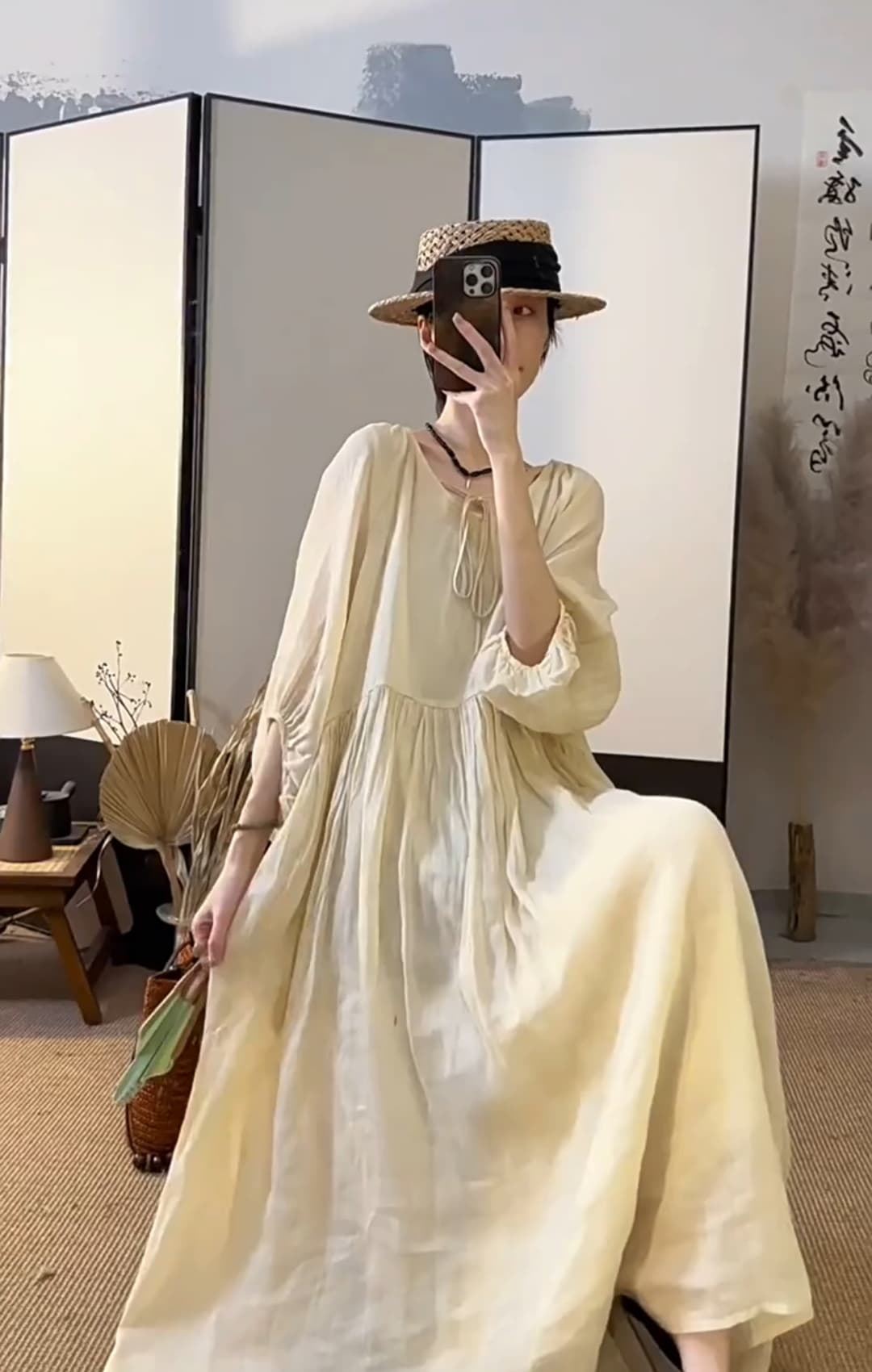 여름 드레스 새로운 빅 사이즈 여성 의류 핑크색 순수한 라미 단색 빅 사이즈 V넥 레이스업 드레스 루즈핏 여성 치마 상세 이미지 5