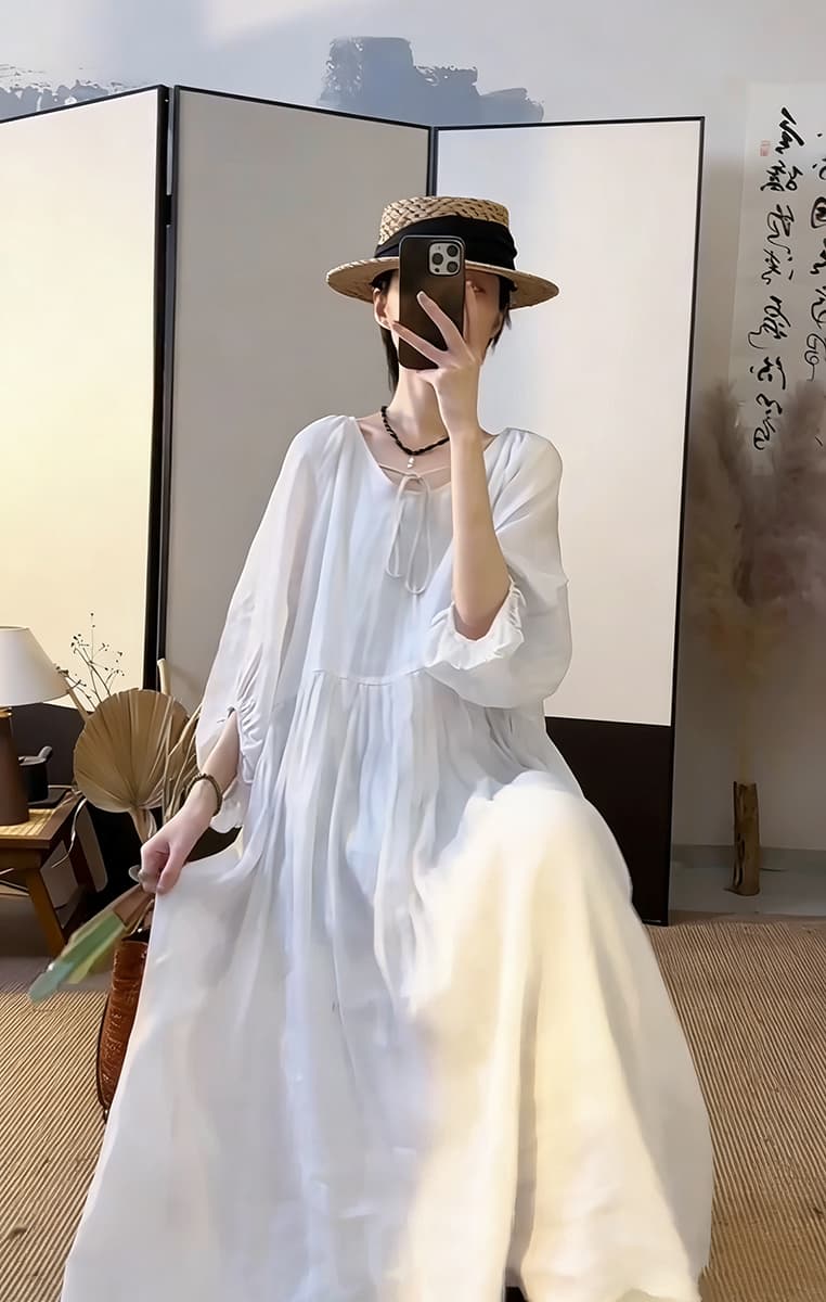 여름 드레스 새로운 빅 사이즈 여성 의류 핑크색 순수한 라미 단색 빅 사이즈 V넥 레이스업 드레스 루즈핏 여성 치마 상세 이미지 10