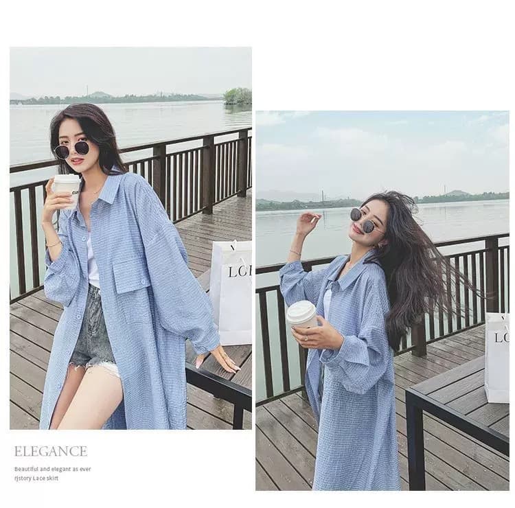 가을 의상 새로운 느긋한 바람 질감 센스 에어컨 셔츠 중간 길이 폴로 칼라 긴팔 외부 가져 가라. 스트라이프 셔츠 상세 이미지 8