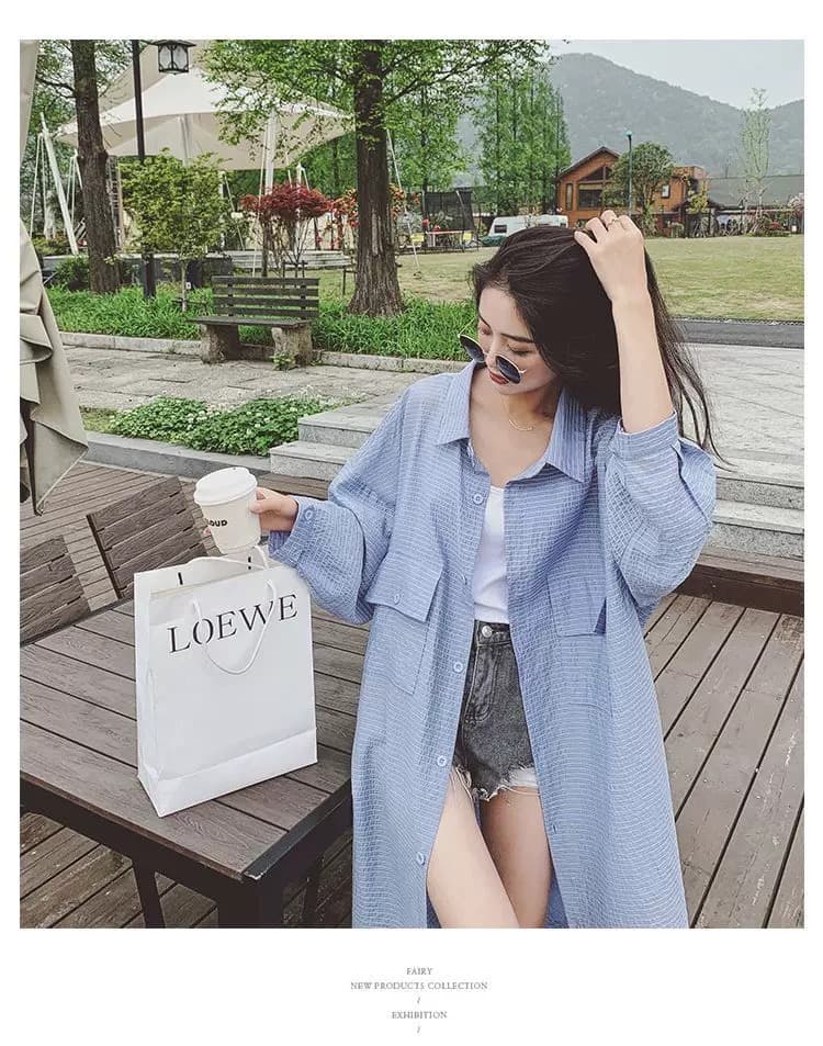 가을 의상 새로운 느긋한 바람 질감 센스 에어컨 셔츠 중간 길이 폴로 칼라 긴팔 외부 가져 가라. 스트라이프 셔츠 상세 이미지 9