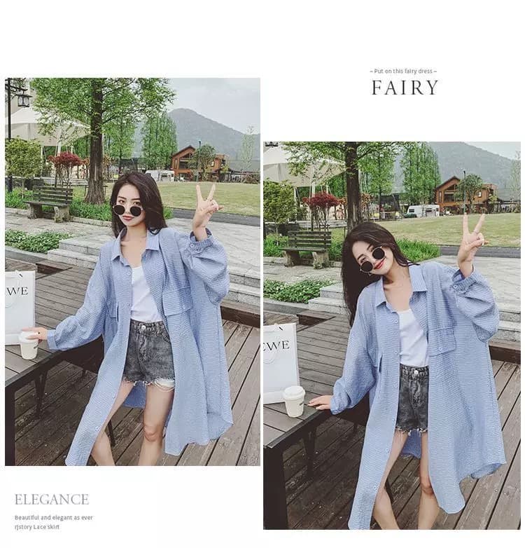 가을 의상 새로운 느긋한 바람 질감 센스 에어컨 셔츠 중간 길이 폴로 칼라 긴팔 외부 가져 가라. 스트라이프 셔츠 상세 이미지 11