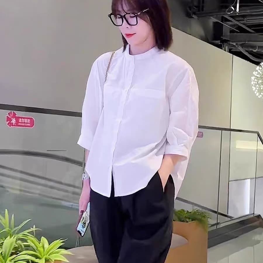 여름 드레스 새로운 빅 사이즈 여성 의류 한국 스타일 미니멀리즘 출퇴근 중간 소매 셔츠 아름다움 라드. 루즈핏 셔츠 라운드 넥 맨위 이미지 5