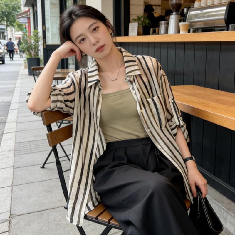 여름 드레스 새로운 빅 사이즈 스트라이프 셔츠 디자인 센스 작은 대중 맨위 남자 친구 바람 루즈핏 긴팔 셔츠 오픈 가디건 이미지 2