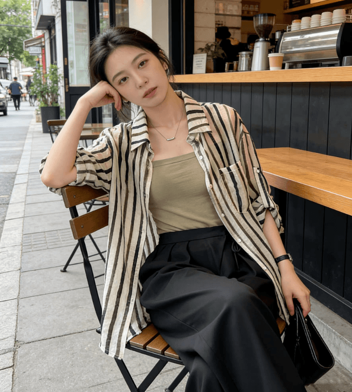여름 드레스 새로운 빅 사이즈 스트라이프 셔츠 디자인 센스 작은 대중 맨위 남자 친구 바람 루즈핏 긴팔 셔츠 오픈 가디건 상세 이미지 3