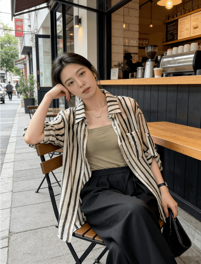 여름 드레스 새로운 빅 사이즈 스트라이프 셔츠 디자인 센스 작은 대중 맨위 남자 친구 바람 루즈핏 긴팔 셔츠 오픈 가디건 상세 이미지 4