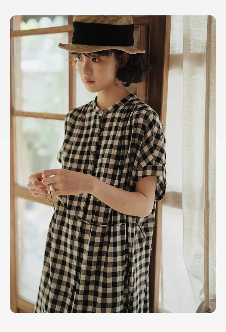 일본식 체크무늬 면 린넨 반팔 여성 드레스 중간 길이 캐주얼 휴식 센스 아마 스택 착용 셔츠 롱 스커트 상세 이미지 14
