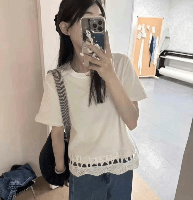여름 드레스 새로운 빅 사이즈 여성 의류 홀로우 아웃 레이스 패치워크 반팔 티셔츠 캐주얼 루즈핏 맨위 이미지 3