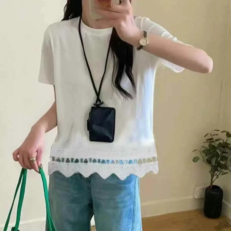 여름 드레스 새로운 빅 사이즈 여성 의류 홀로우 아웃 레이스 패치워크 반팔 티셔츠 캐주얼 루즈핏 맨위 이미지 2