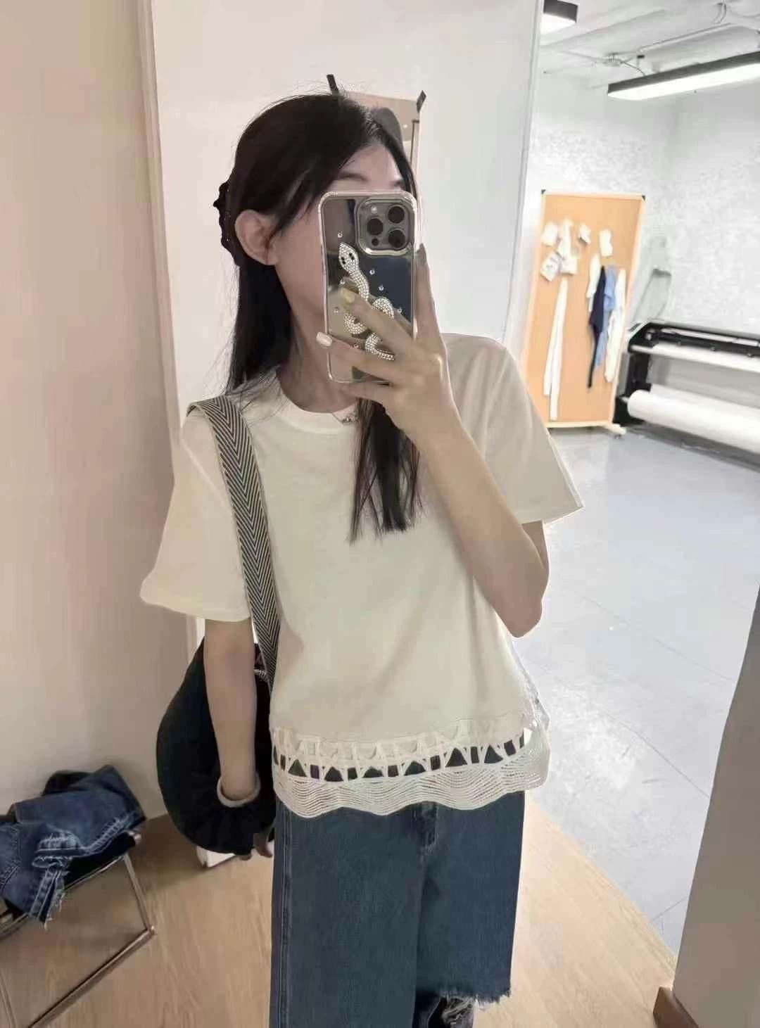 여름 드레스 새로운 빅 사이즈 여성 의류 홀로우 아웃 레이스 패치워크 반팔 티셔츠 캐주얼 루즈핏 맨위 상세 이미지 5