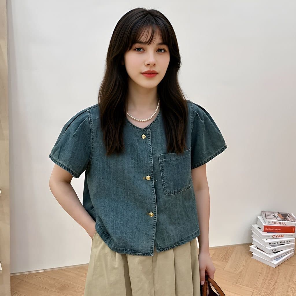 여름 새로운 출퇴근 레트로 라운드 넥 싱글 줄 버튼 데님 셔츠 한국 스타일 루즈핏 반팔 주머니 맨위 트렌디 상세 이미지 9