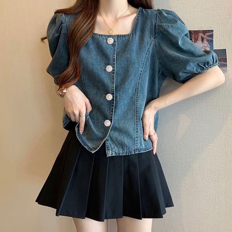 여름 디자인 센스 데님 여성 셔츠 루즈핏 한국 스타일 거품 소매 광장 칼라 셔츠 다용도 쇼트 스타일 맨위 상세 이미지 2