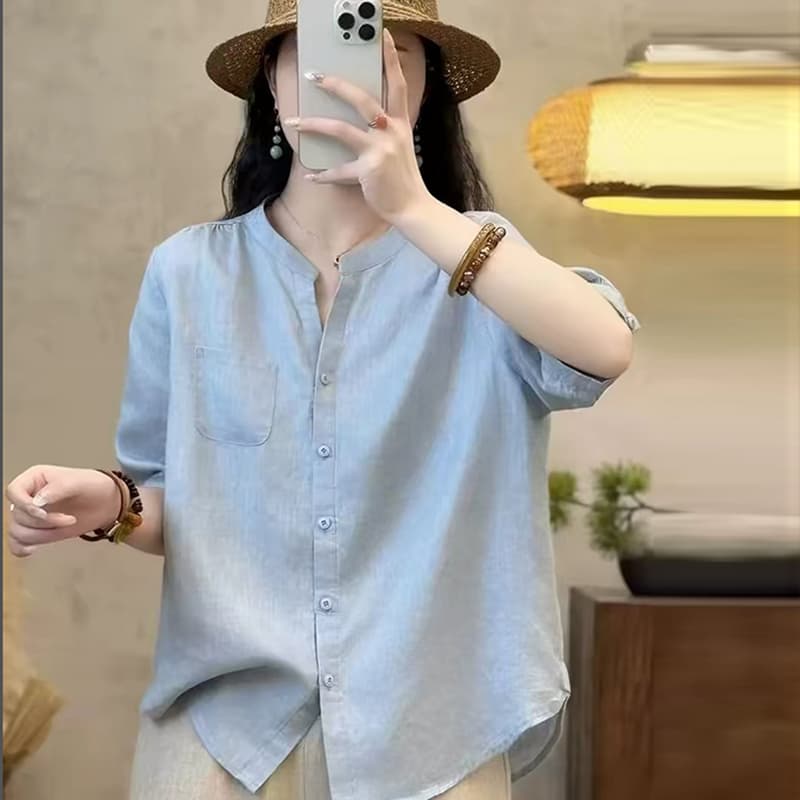 여름 드레스 새로운 면 린넨 반팔 인터넷 에디션 셔츠 싱글 줄 버튼 슬림해 보이는 품격 작은 셔츠 루즈핏 다용도 오픈 가디건 이미지 4