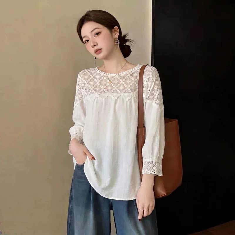 새로운 여름 화이트 레이스 홀로우 아웃 패치워크 반소매 여성 셔츠 빅 사이즈 지방 mm 그레이트 봐. 의류