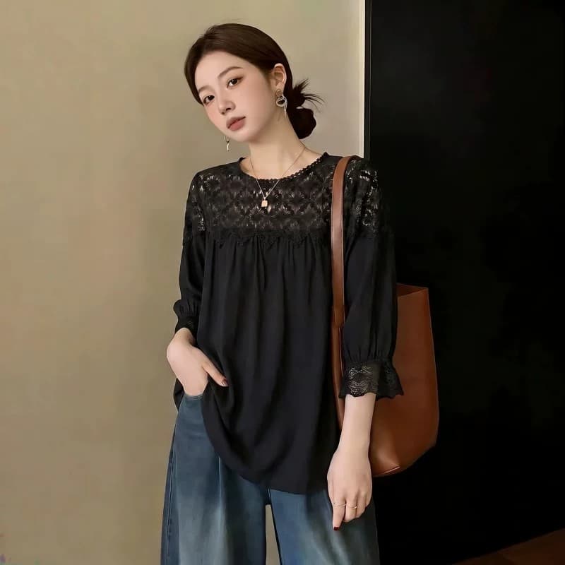 새로운 여름 화이트 레이스 홀로우 아웃 패치워크 반소매 여성 셔츠 빅 사이즈 지방 mm 그레이트 봐. 의류 이미지 3