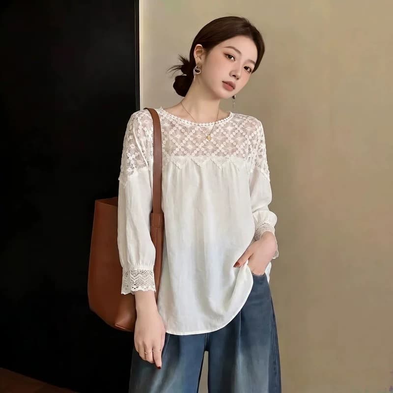 새로운 여름 화이트 레이스 홀로우 아웃 패치워크 반소매 여성 셔츠 빅 사이즈 지방 mm 그레이트 봐. 의류 이미지 5