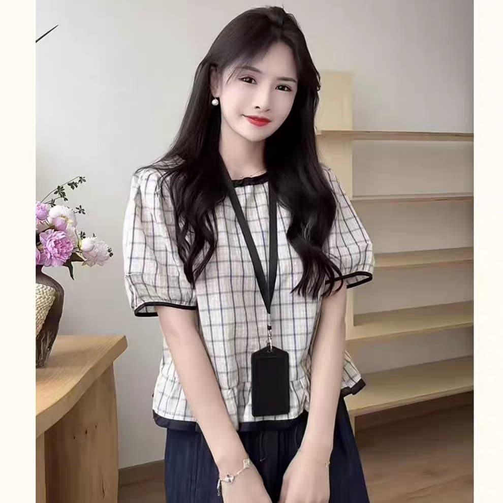 프랑스식 배색 프릴 체크무늬 반팔 여성 셔츠 2026 여름 새로운 고유 한 아름다운 다용도 작은 셔츠 맨위 이미지 5