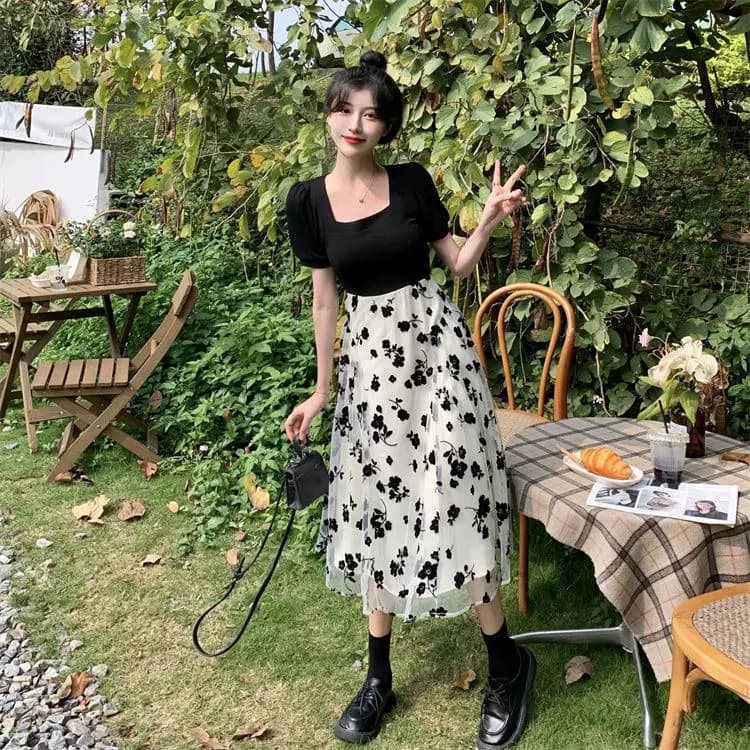 여름 드레스 새로운 꽃무늬 패치워크 디자인 센스 허리 수축 반팔 치마 빅 사이즈 여성 의류 광장 칼라 드레스 상세 이미지 2