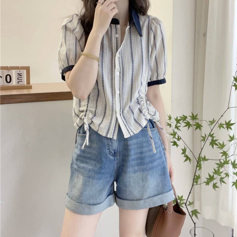 여름 드레스 새로운 세로 줄무늬 폴로 칼라 면 린넨 여성 셔츠 유럽 역 유럽 상품 여성 의류 패션 외국 가스 작은 셔츠 트렌디 이미지 5