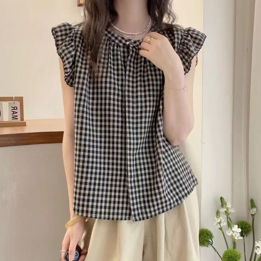여름 달콤함 연령 감소 Feifei 소매 체크무늬 셔츠 슬림해 보이는 다용도 쉬폰 셔츠 캐주얼 미니멀리즘 맨위 여성 이미지 4