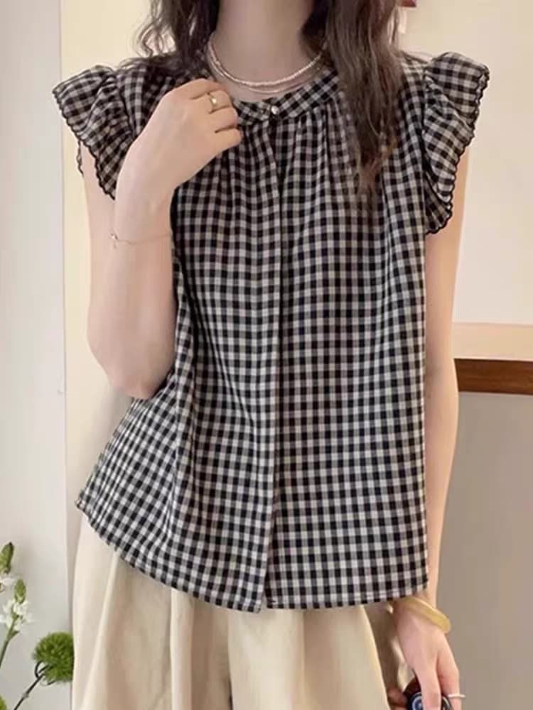 여름 달콤함 연령 감소 Feifei 소매 체크무늬 셔츠 슬림해 보이는 다용도 쉬폰 셔츠 캐주얼 미니멀리즘 맨위 여성 이미지 3