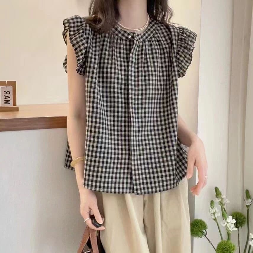 여름 달콤함 연령 감소 Feifei 소매 체크무늬 셔츠 슬림해 보이는 다용도 쉬폰 셔츠 캐주얼 미니멀리즘 맨위 여성 상세 이미지 2
