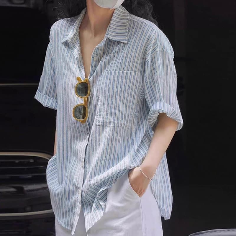 여름 드레스 새로운 빅 사이즈 여성 의류 레트로 스트라이프 면 린넨 반팔 셔츠 느긋한 느슨함 센스 외부 가져 가라. 루즈핏 맨위 이미지 4