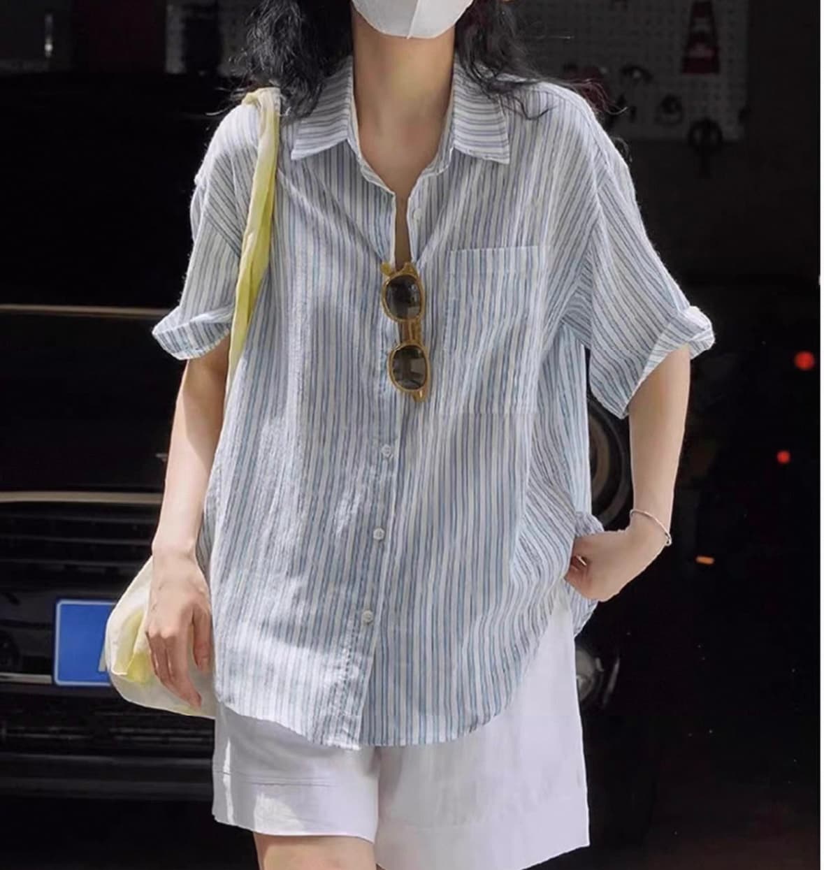 여름 드레스 새로운 빅 사이즈 여성 의류 레트로 스트라이프 면 린넨 반팔 셔츠 느긋한 느슨함 센스 외부 가져 가라. 루즈핏 맨위 상세 이미지 7