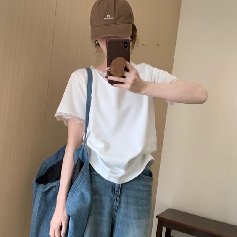 여름 드레스 빅 사이즈 프랑스식 품격 레이스 레이스 V넥 긍정적 인 어깨 반팔 티셔츠 루즈핏 맨위 이미지 5