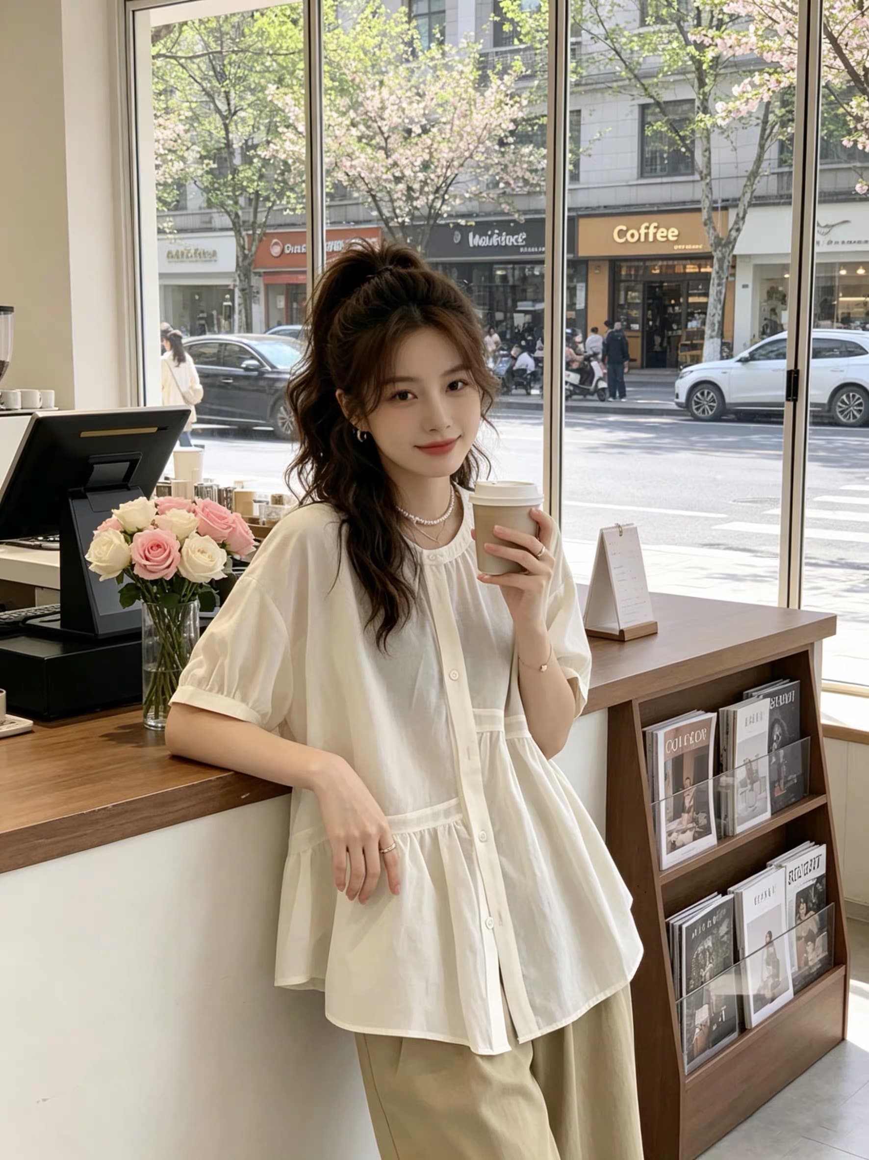 여름 드레스 새로운 주름 싱글 줄 버튼 여성 셔츠 빅 사이즈 통통한 여동생 한국 스타일 루즈핏 품격 슬림해 보이는 맨위 상세 이미지 2
