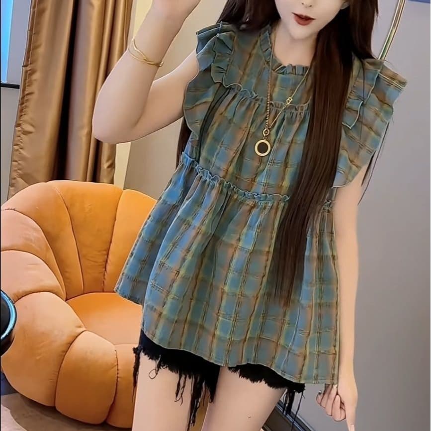 체크무늬 Feifei 소매 셔츠 여름 새로운 달콤함 루즈핏 맨위 디자인 센스 프릴 여성 인형 셔츠 이미지 5