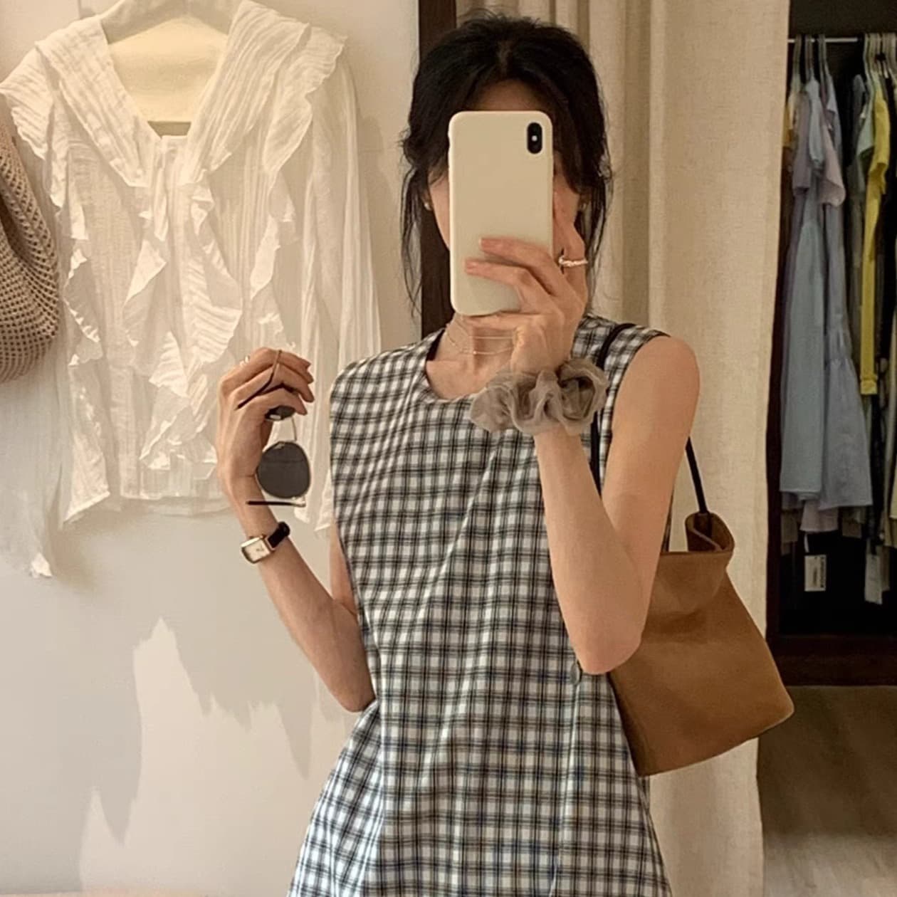 한 부서 흑인과 백인 그리드 민소매 레이스 패치워크 여성 드레스 2025 아모이 미니멀리즘 달콤함 연령 감소 롱 스커트 이미지 2
