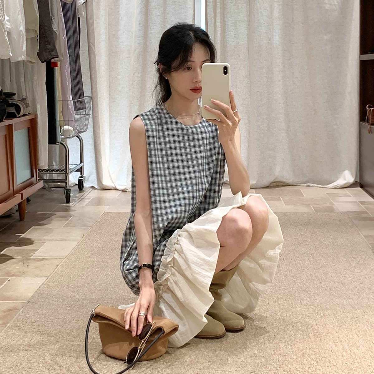 한 부서 흑인과 백인 그리드 민소매 레이스 패치워크 여성 드레스 2025 아모이 미니멀리즘 달콤함 연령 감소 롱 스커트 상세 이미지 2