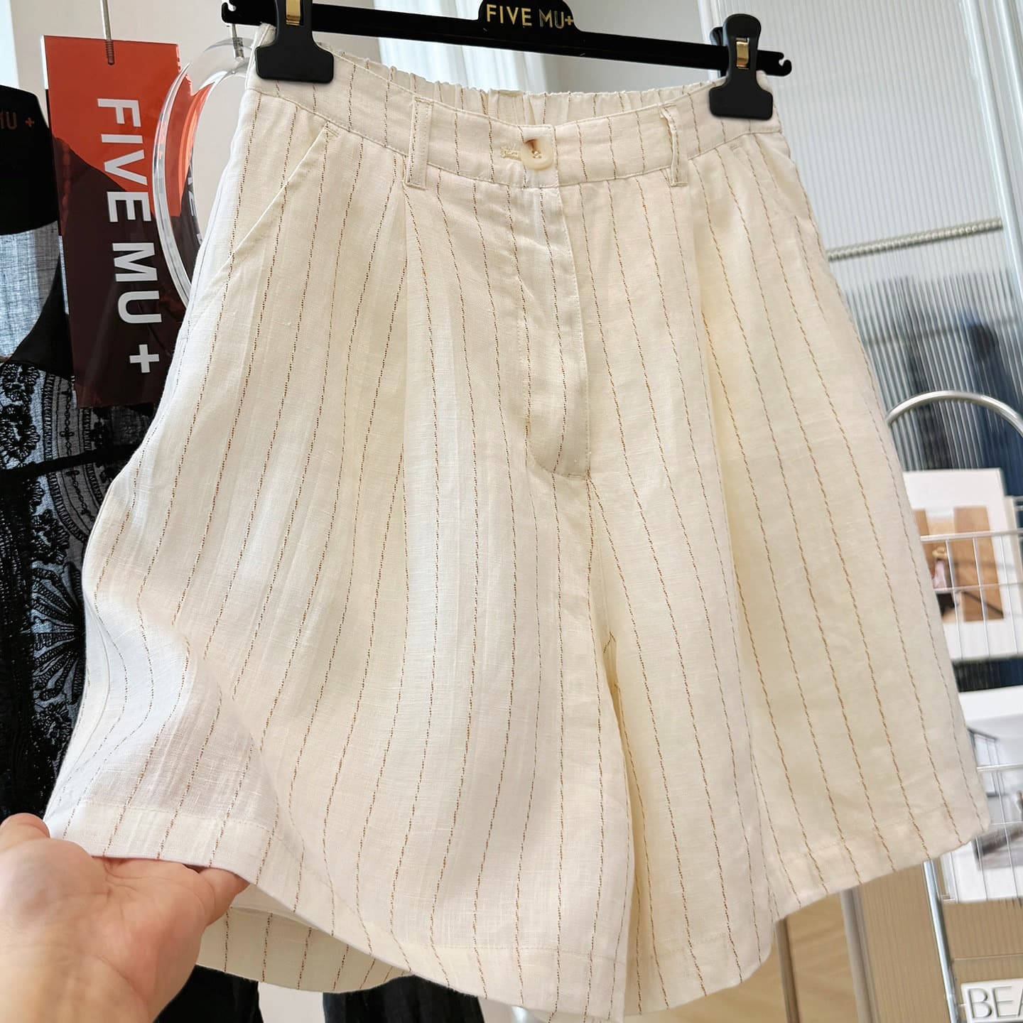 여름 드레스 새로운 면 린넨 스트라이프 캐주얼 바지 여성 얇은 바지 하이웨이스트 넓은 다리 한 마디 외출용 반바지