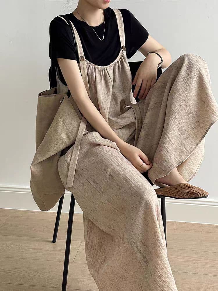 여름 면 린넨 일본식 느긋한 멜빵 바지 여성 여름 새로운 도루 센스 루즈핏 캐주얼 넓은 다리 올인원 롱 바지 이미지 2