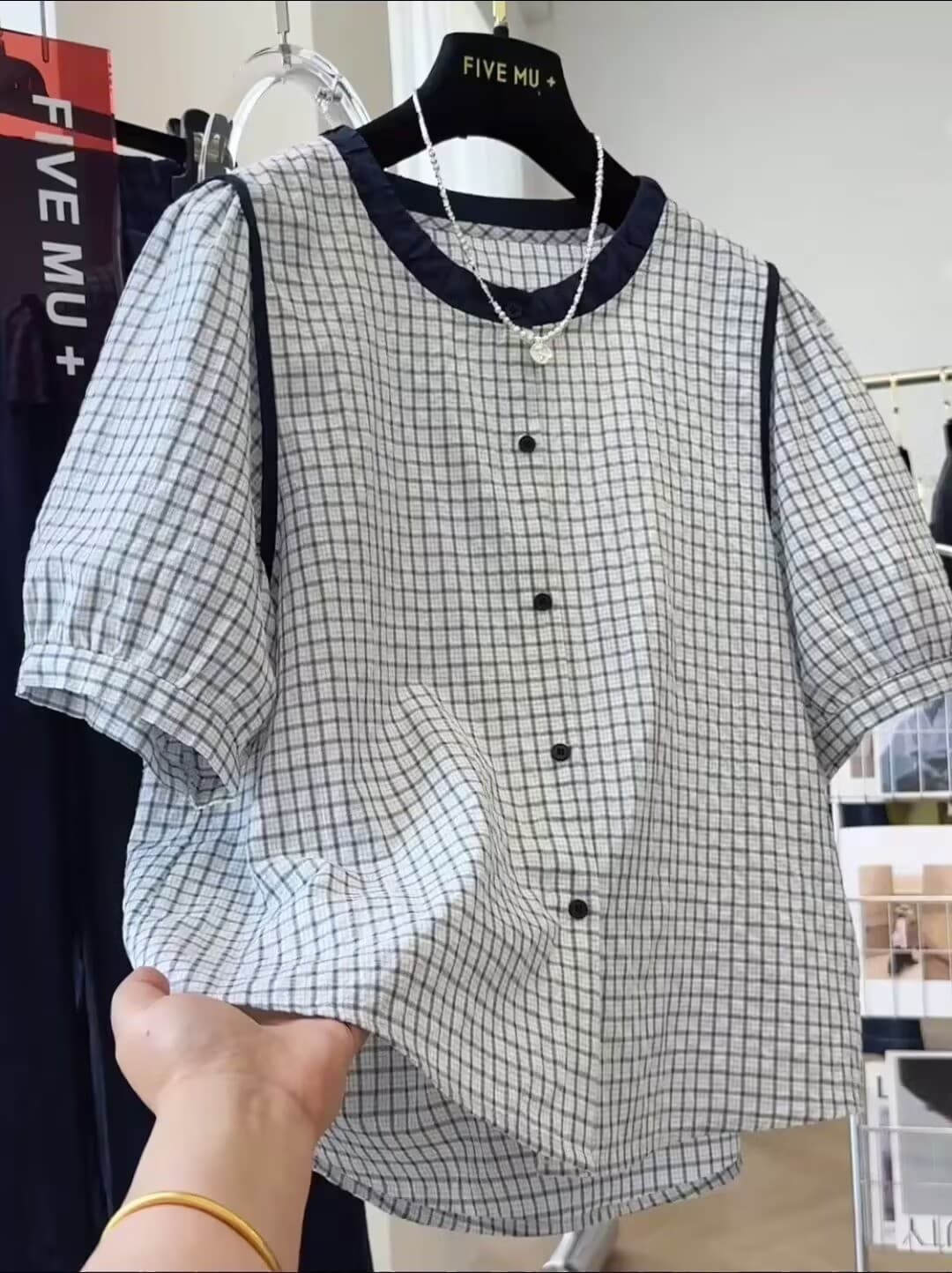 한 부서 연령 감소 고급 센스 품격 라운드 넥 체크무늬 반팔 여성 셔츠 여름 순면 작은 셔츠 슈퍼 잘 생긴 맨위 상세 이미지 6
