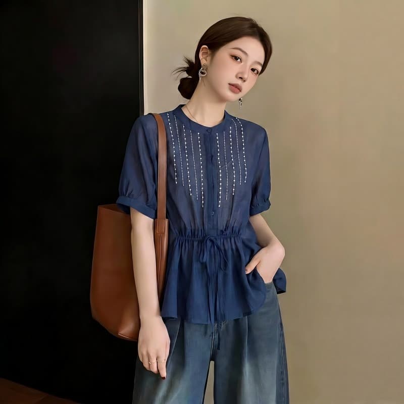 여름 드레스 새로운 얇고 가벼운 고유 한 라미 셔츠 반팔 루즈핏 슈퍼 요정 연령 감소 인형 셔츠 자수 맨위 이미지 5