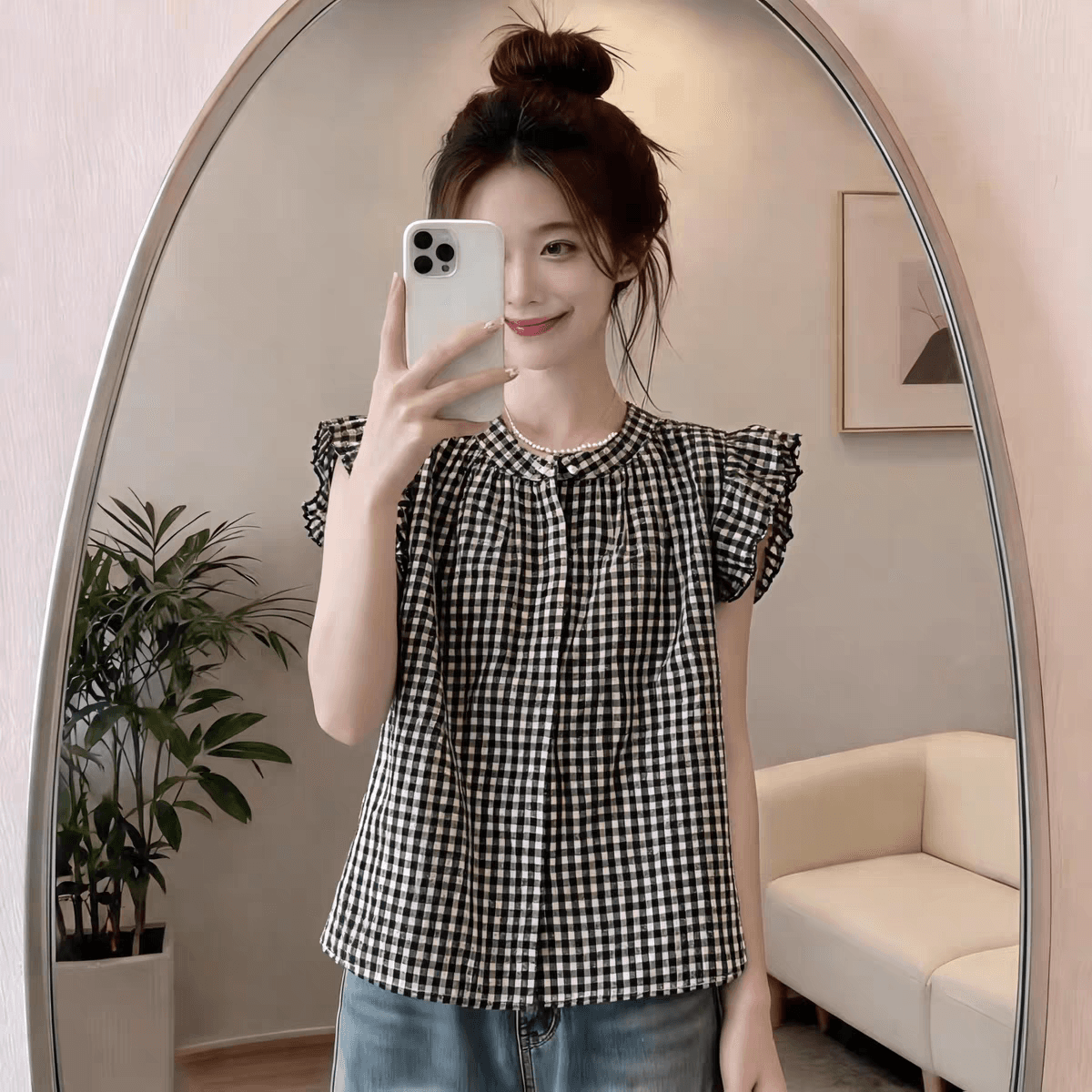 여름 달콤함 연령 감소 Feifei 소매 체크무늬 셔츠 슬림해 보이는 다용도 쉬폰 셔츠 캐주얼 미니멀리즘 맨위 여성 상세 이미지 6