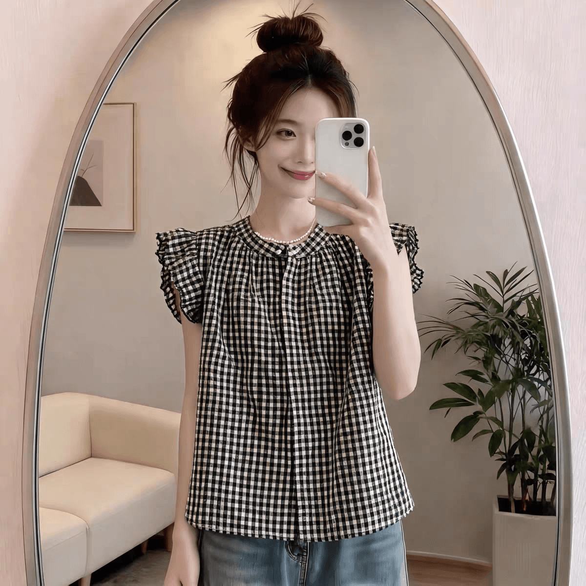 여름 달콤함 연령 감소 Feifei 소매 체크무늬 셔츠 슬림해 보이는 다용도 쉬폰 셔츠 캐주얼 미니멀리즘 맨위 여성 상세 이미지 7