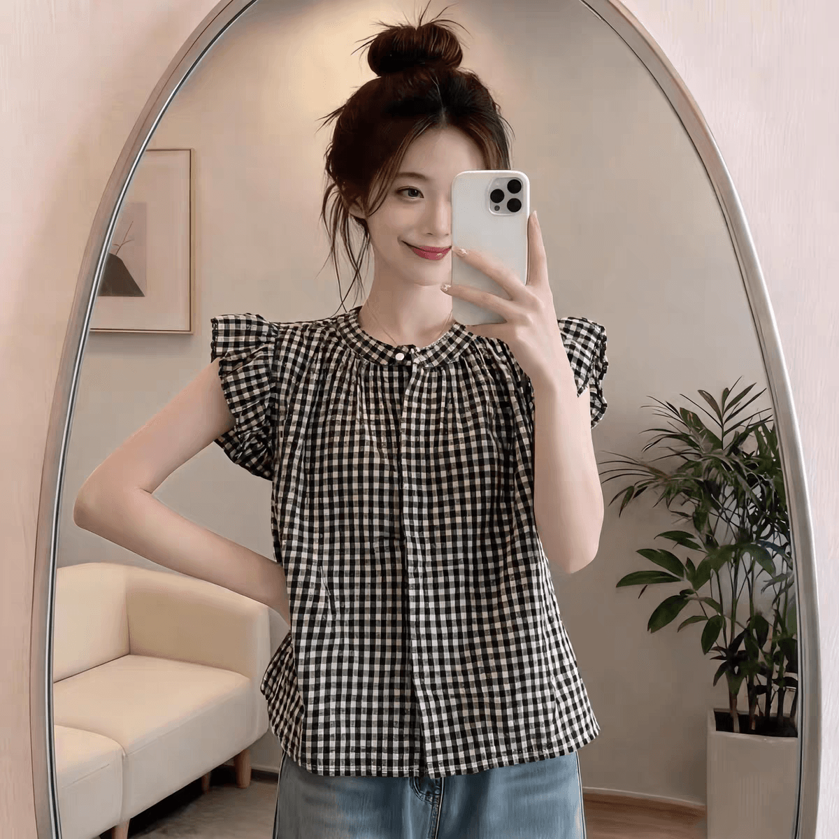 여름 달콤함 연령 감소 Feifei 소매 체크무늬 셔츠 슬림해 보이는 다용도 쉬폰 셔츠 캐주얼 미니멀리즘 맨위 여성 상세 이미지 9