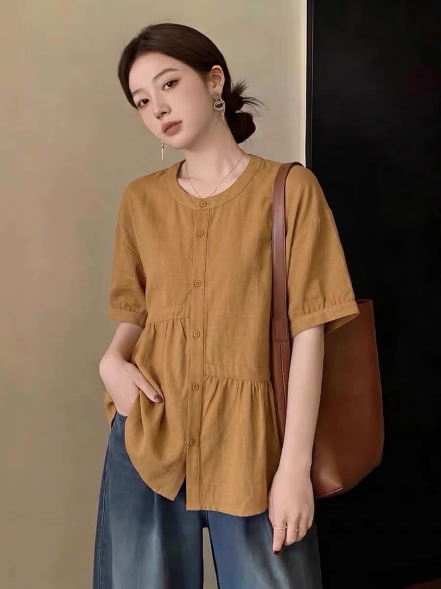 여름 드레스 새로운 주름 싱글 줄 버튼 여성 셔츠 빅 사이즈 통통한 여동생 한국 스타일 루즈핏 품격 슬림해 보이는 맨위 이미지 2