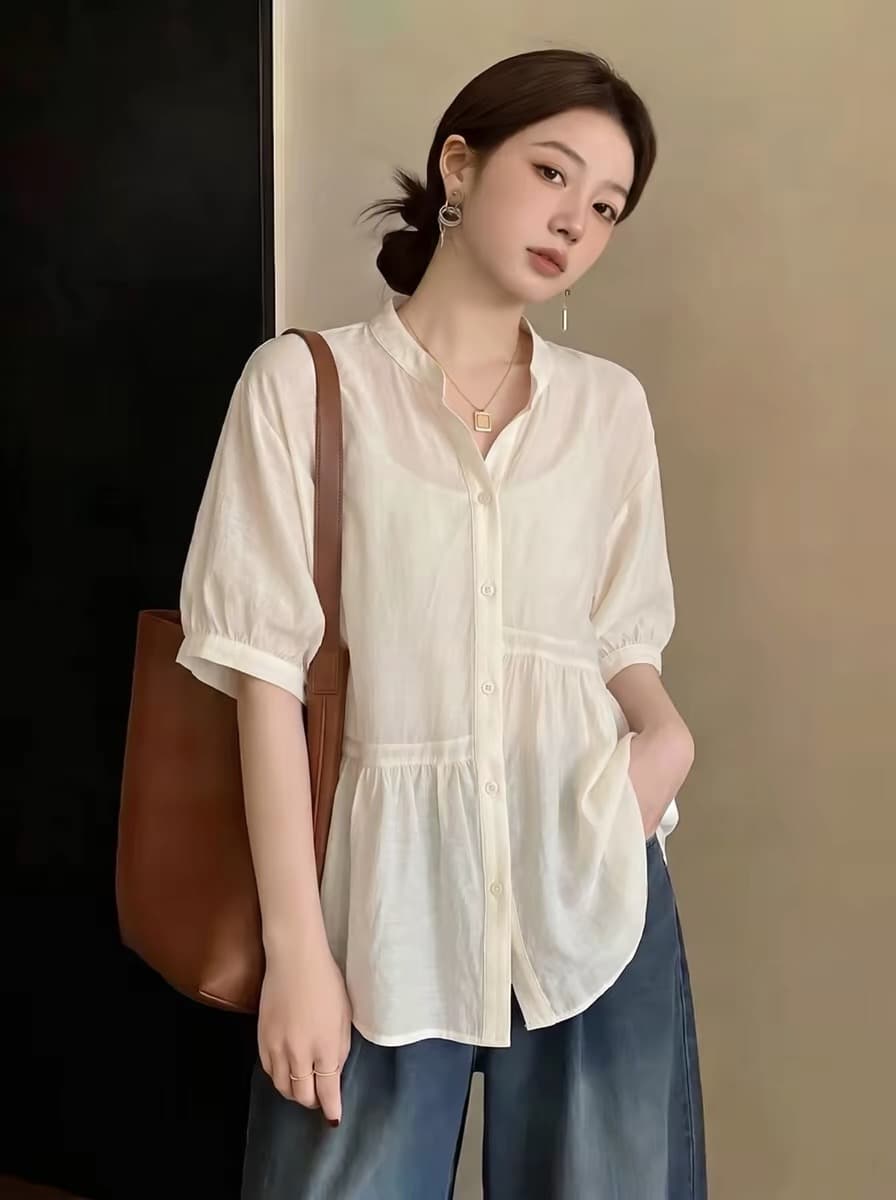 여름 드레스 새로운 주름 싱글 줄 버튼 여성 셔츠 빅 사이즈 통통한 여동생 한국 스타일 루즈핏 품격 슬림해 보이는 맨위 상세 이미지 2