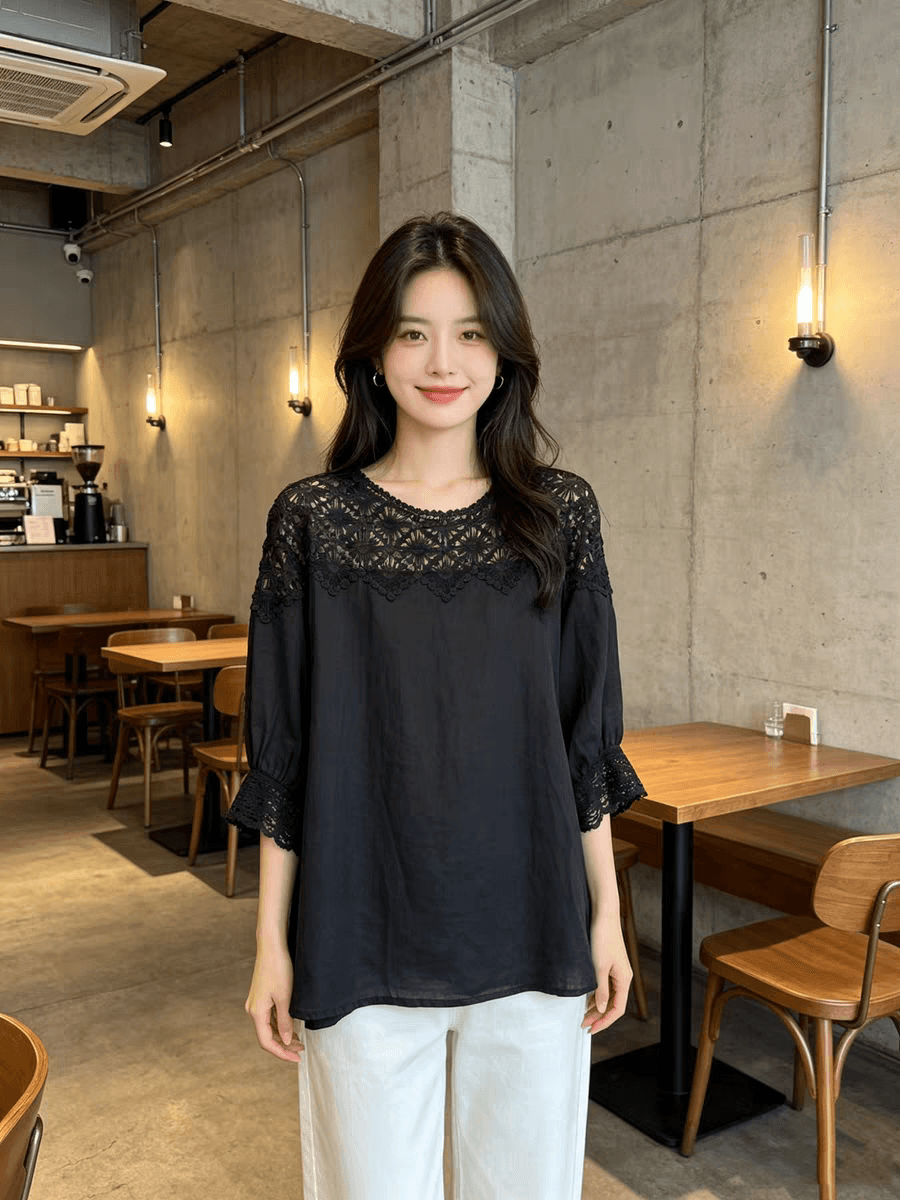 새로운 여름 화이트 레이스 홀로우 아웃 패치워크 반소매 여성 셔츠 빅 사이즈 지방 mm 그레이트 봐. 의류 상세 이미지 5
