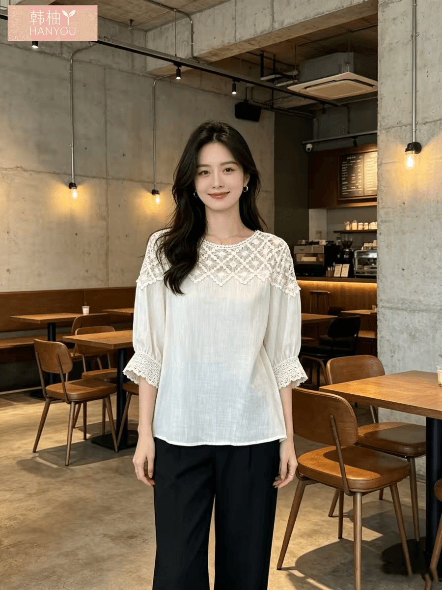 새로운 여름 화이트 레이스 홀로우 아웃 패치워크 반소매 여성 셔츠 빅 사이즈 지방 mm 그레이트 봐. 의류 상세 이미지 8