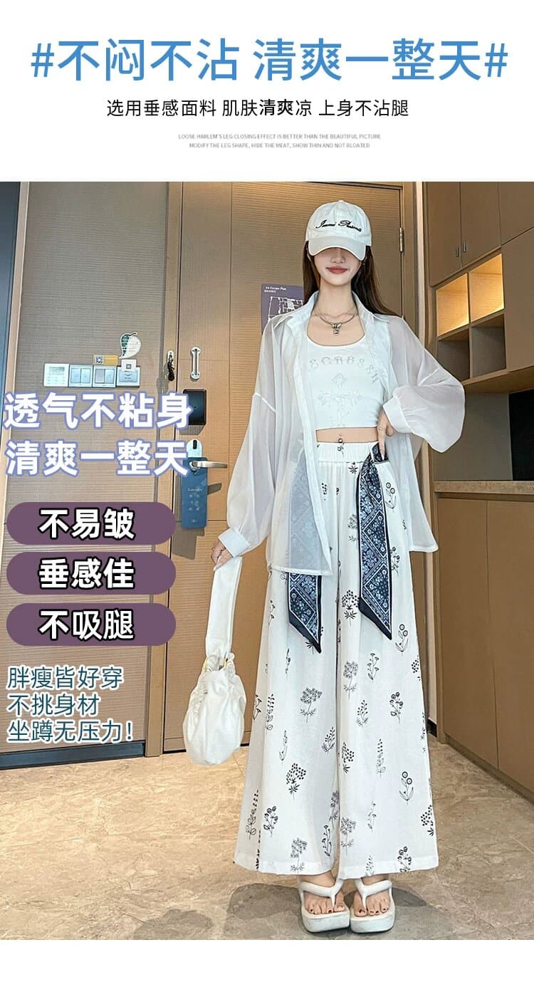 새로운 프린트 얼음 실크 면 린넨 와이드 레깅스 바지 여름 얇은 스타일 레이스업 루즈핏 캐주얼 9 포인트 바지 상세 이미지 25