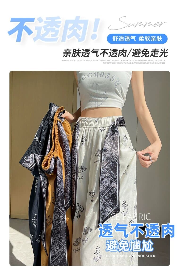 새로운 프린트 얼음 실크 면 린넨 와이드 레깅스 바지 여름 얇은 스타일 레이스업 루즈핏 캐주얼 9 포인트 바지 상세 이미지 33